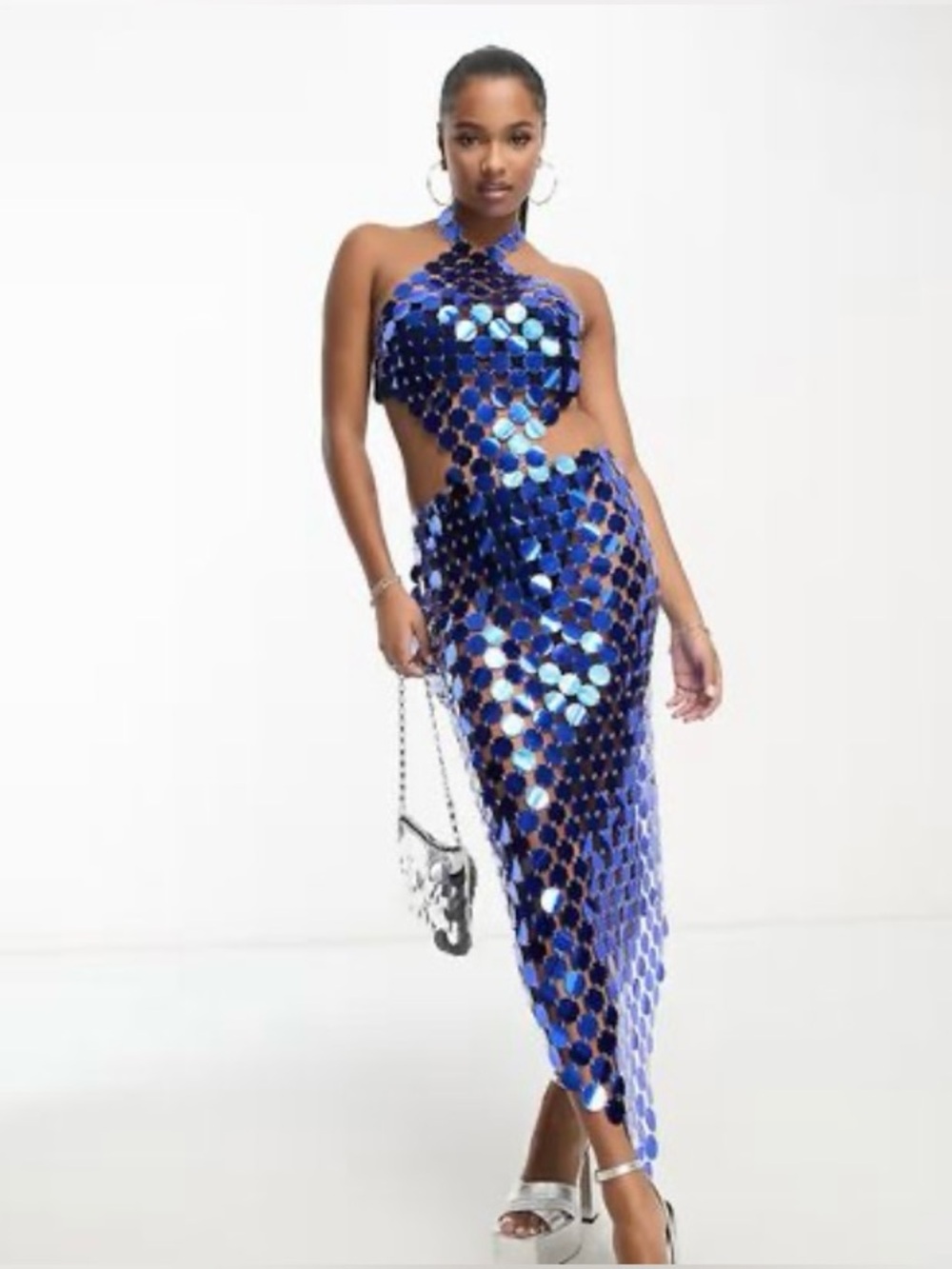 NWT SIMMI London Petite Size LP Blue Embellished Disc Cut Out Waist Maxi Dress